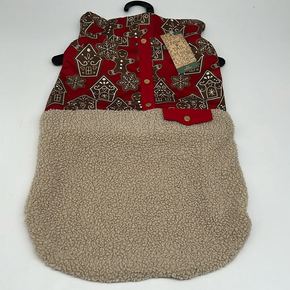 Paw & Tail Red Gingerbread Dog Vest with Tan Sherpa Fur Hook & Loop Close Large‎